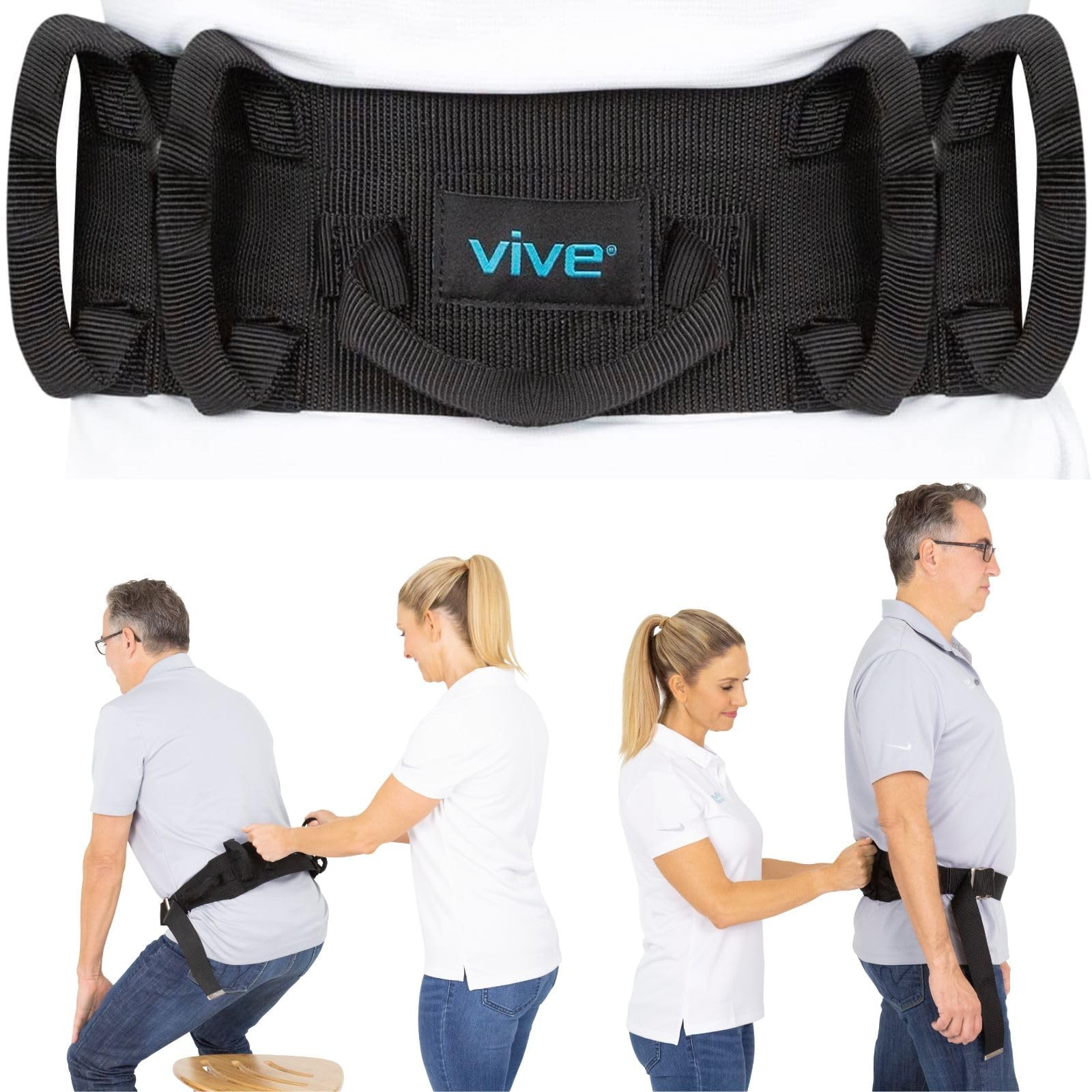 Vive Gait Belt (300lbs) Transfer with Handles 1 Count (Pack of 1), Black