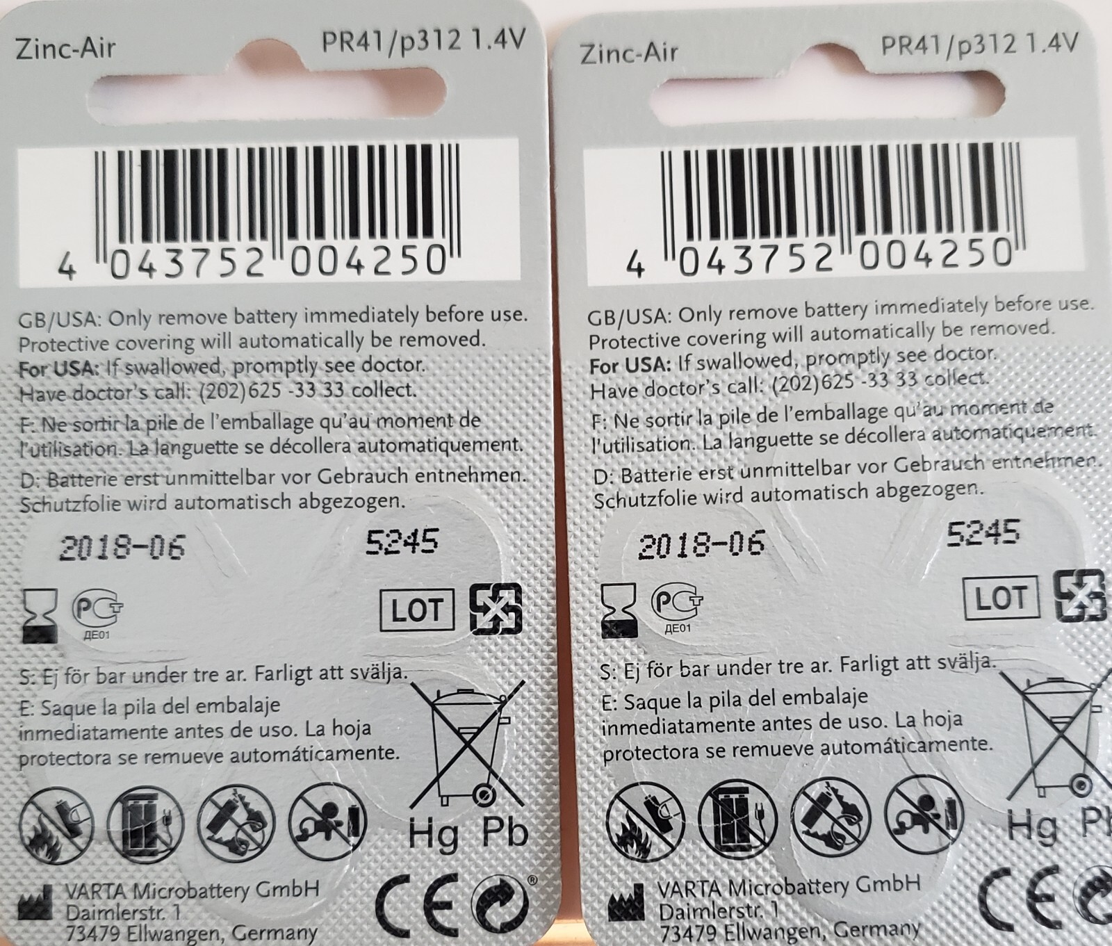 Power One Zinc Air High Level Hearing Batteries PR41/P312 1.4V 2018 – 2 Packs