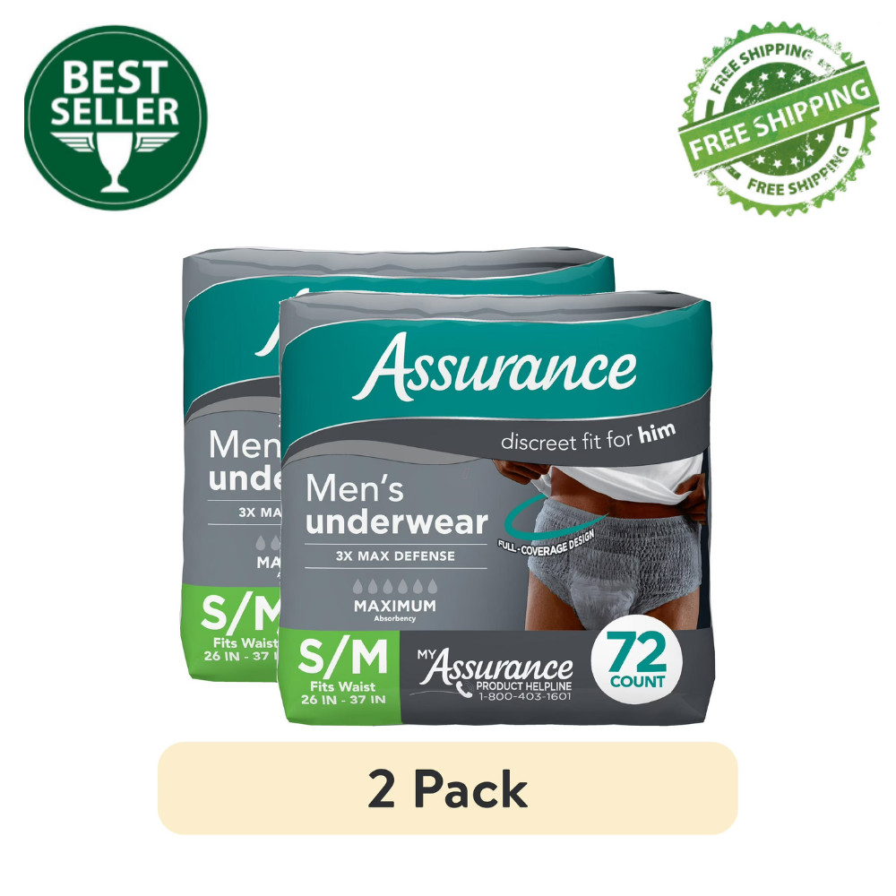 Assurance Men’s Incontinence Underwear, S/M, Maximum Absorbency, 72 Ct (2 Pack)