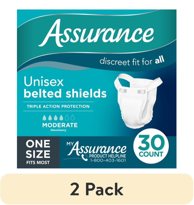 (2 pack) Assurance Unisex Incontinence Belted Shields, Moderate Absorbency,60 C