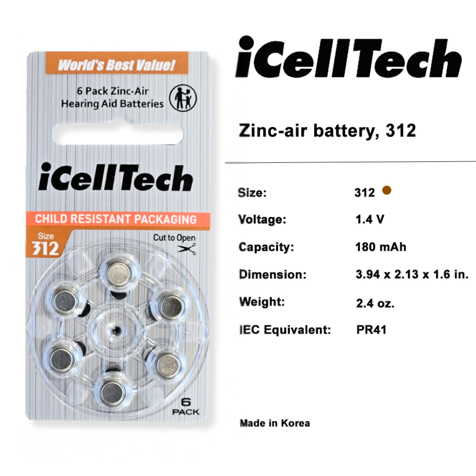 iCellTech Size 312 PR41 P312 MF Zinc Air Hearing Aid Batteries (60 Pack)