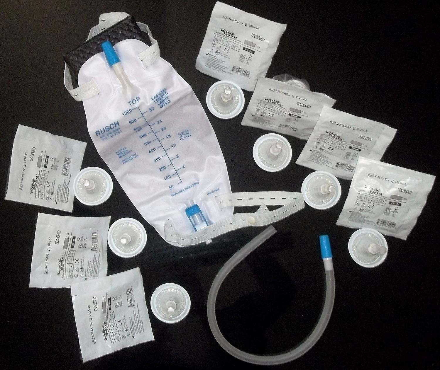 Complete Urinary Incontinence Kit: 7 Self-Seal Condom Catheters + 1000ml Leg Bag