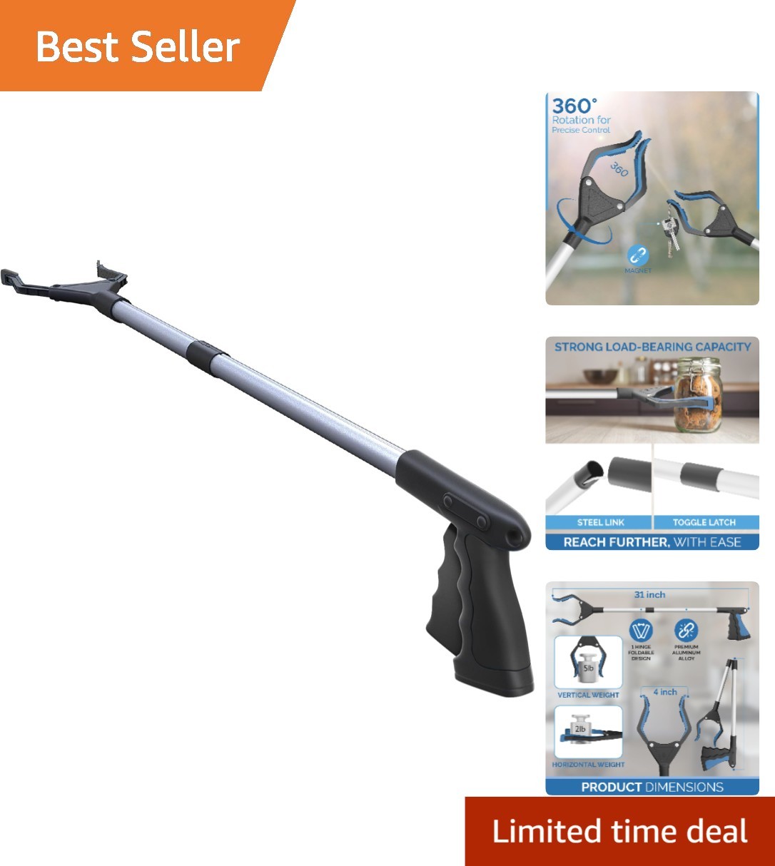 Ergonomic Grabber Reacher Tool – 32-Inch with Magnetic Tip, Lightweight, Black