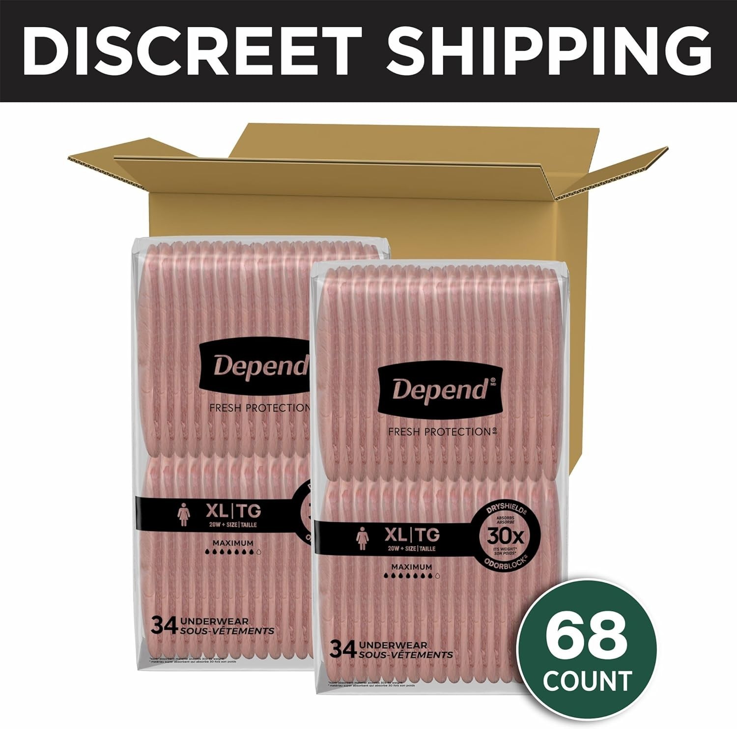 Depend Fresh Protection Women Extra Large XL 68ct Blush