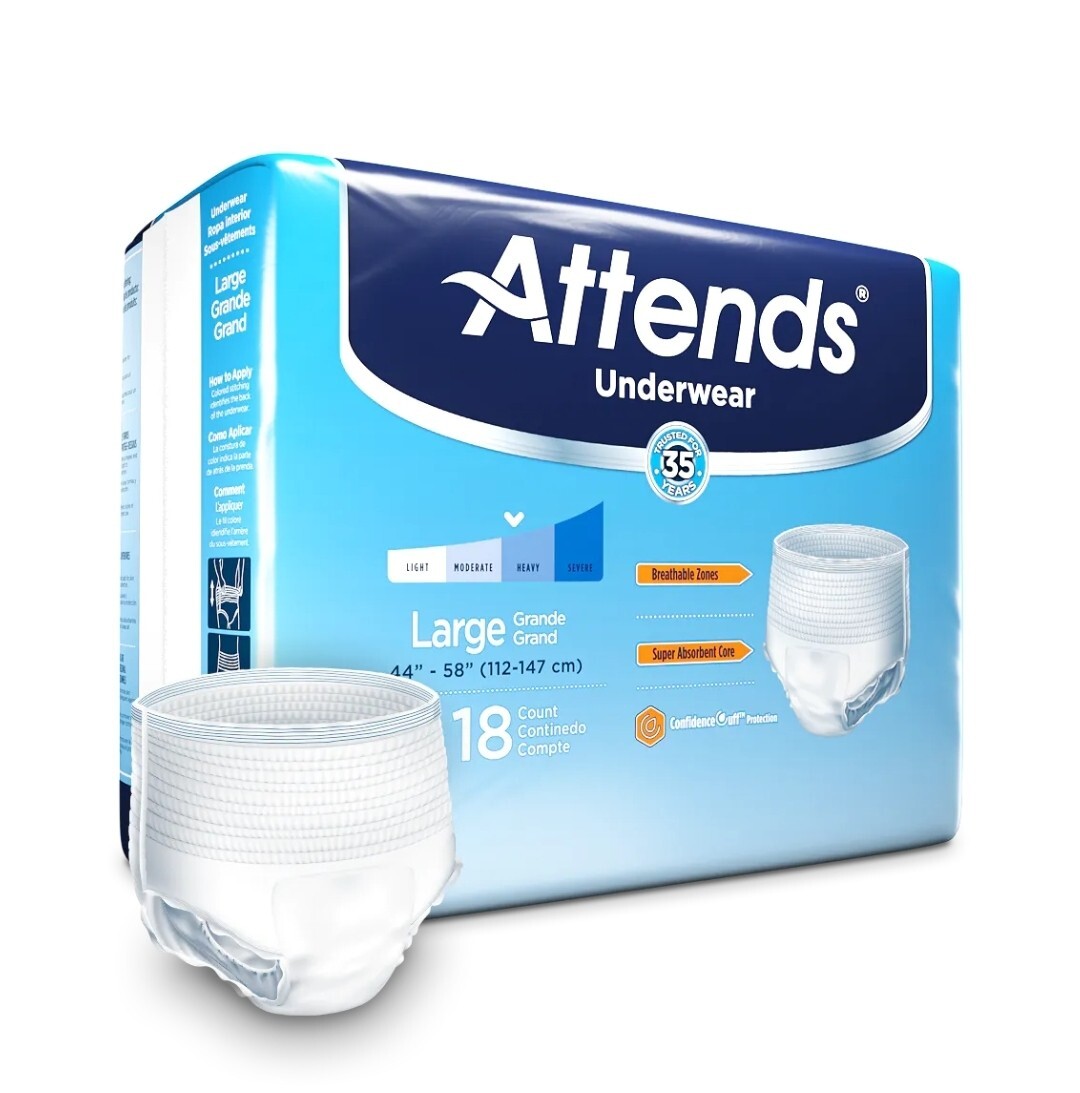 Attends Adult Unisex Underware Diapers Size Large 44″-58″ Heavy Absorbency