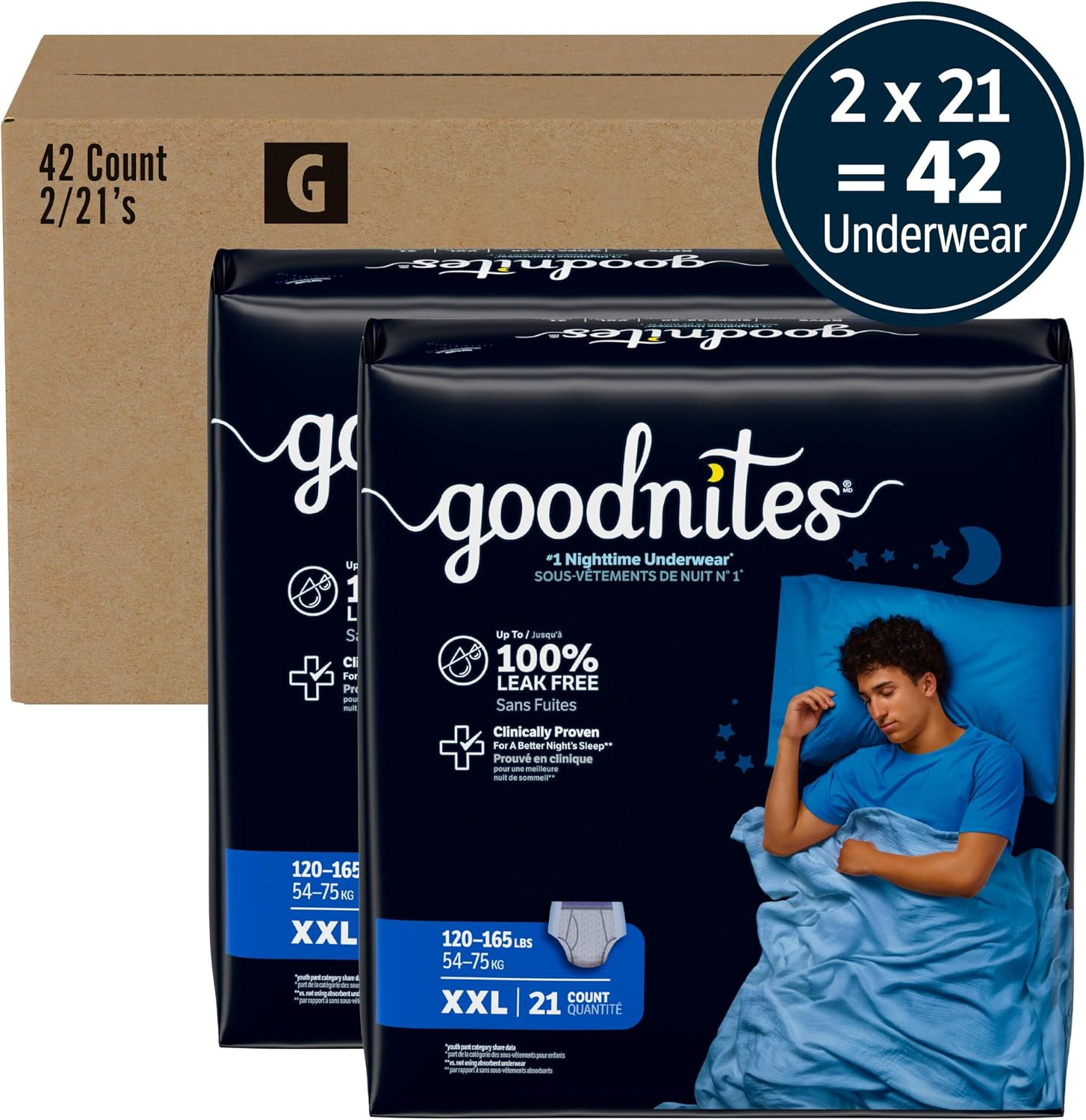 Goodnites Boys’ Nighttime Underwear, Size XXL (120-165 Lbs), 42 Ct (2 Packs of 2