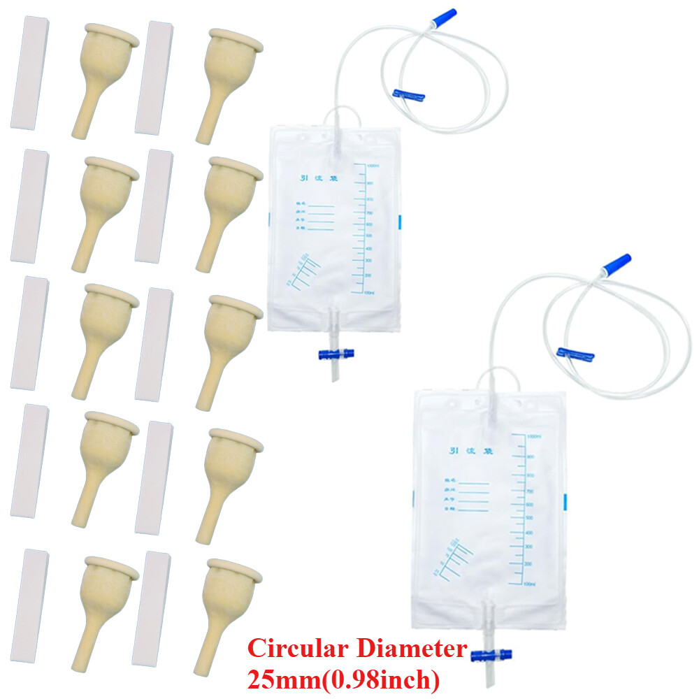 Condom Catheter 10Pcs 25mm Male Men Latex Catheters & 2Pcs 1000ml Urine Bags
