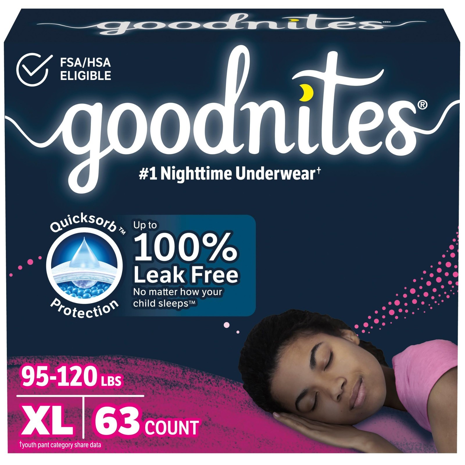 Goodnites Girls’ Nighttime Bedwetting Underwear XL 95-120+ lbs 63 Count
