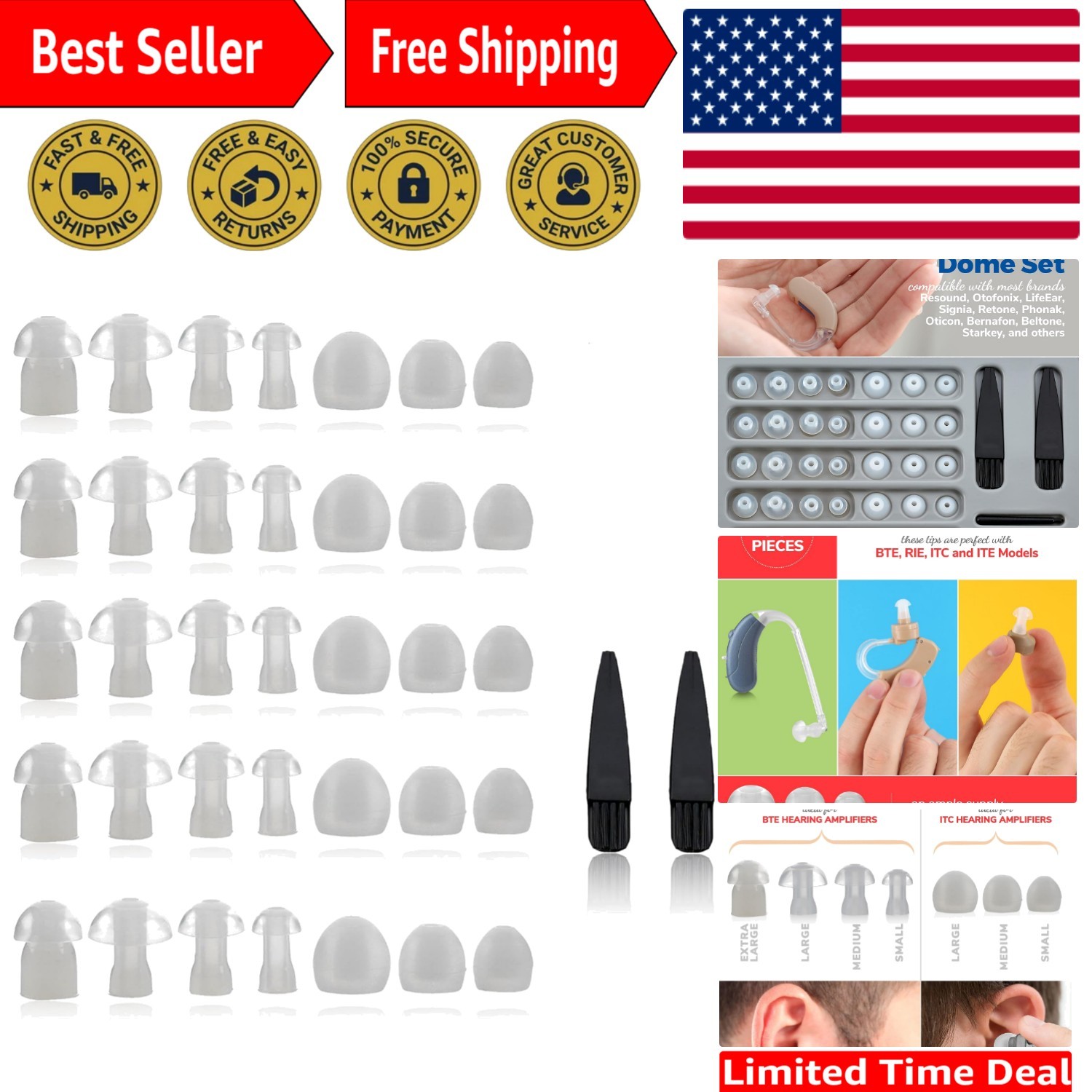 Universal Fit Hearing Aid Domes – 35 Silicone Earbud Replacements in S, M, L, XL