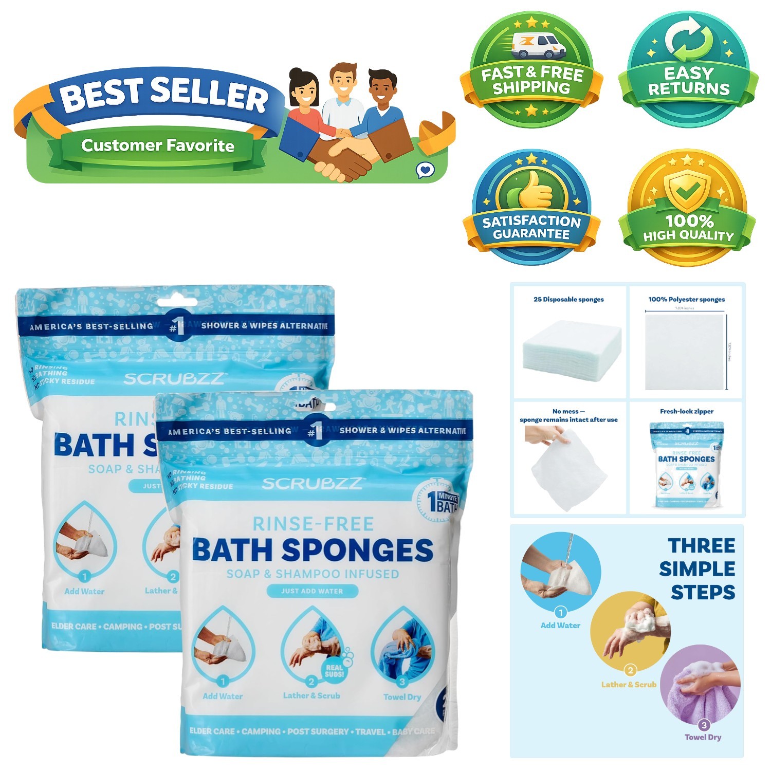 Convenient Rinse-Free Bath Wipes – 2 Packs of 25, Gentle & Effective Cleansing