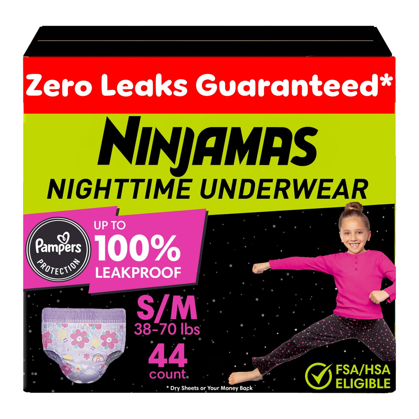 Girls Bedwetting Nighttime Underwear, Size S/M (38-70 lbs), 44 Count, Overnig…