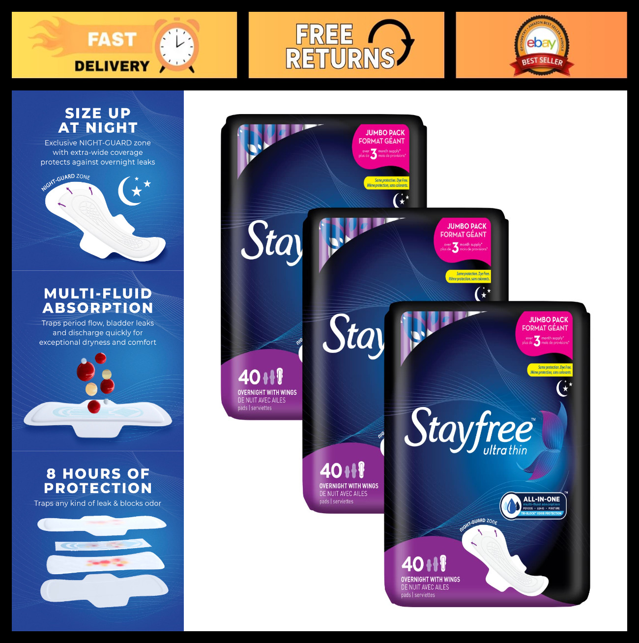 Ultra Thin Overnight Pads with Wings – 3 Pack, 40 Count, Reliable Leak Protectio