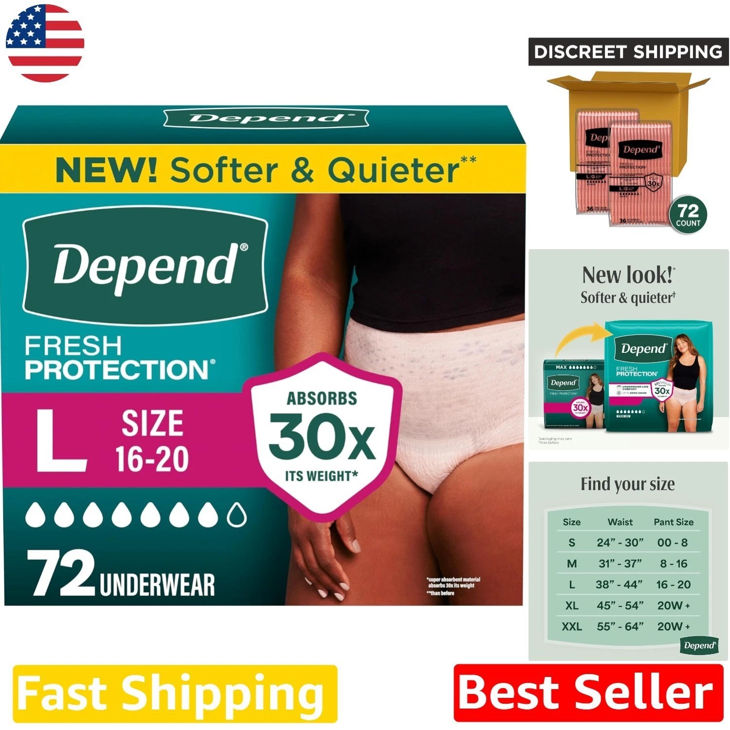 Depend Large Incontinence Protection – 72ct Dryshield Core Cotton-Like Fabric