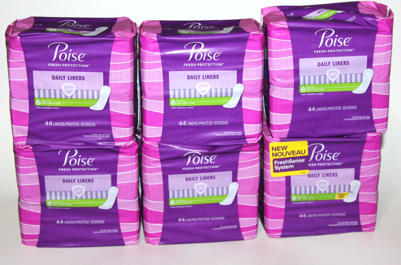 LOT (6) POISE LINERS LONG LENGTH VERY LIGHT ABSORBENCY 44 LINERS EACH