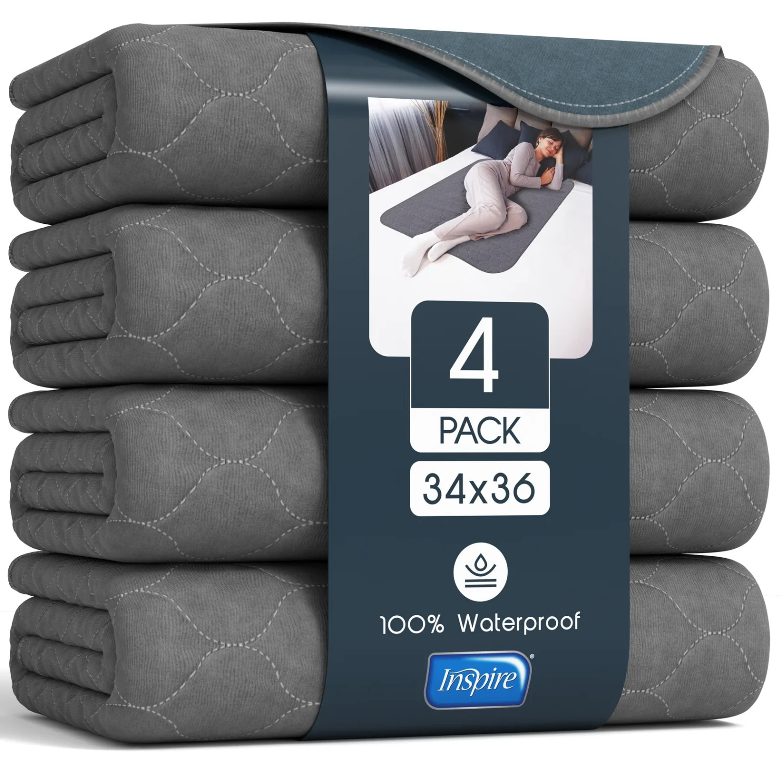 Inspire Stain Hiding Gray Washable Reusable Incontinence Bed Pads 34×36 (4-Pack)