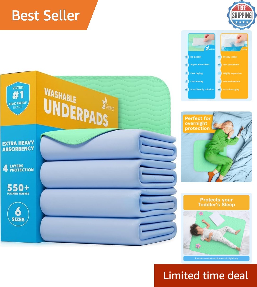 Washable Underpads – 34×36 Heavy Absorbency for All Ages (Pack of 4)