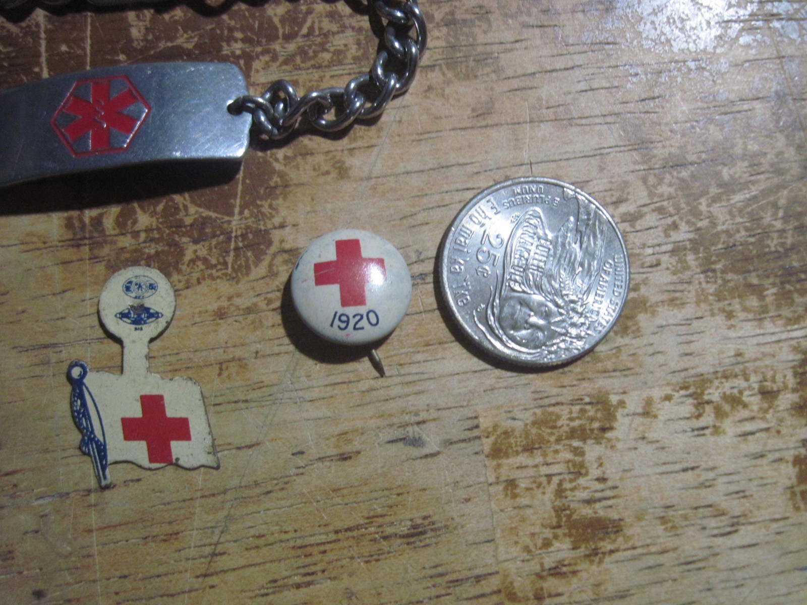Vtg. Medical Alert Bracelet for “Drug Allergies” + 3 Old Metal Medical Pins