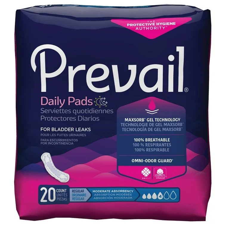 Prevail Bladder Pads, Incontinence Pads, 20 Count per pack (BOX OF 5 PACKS)