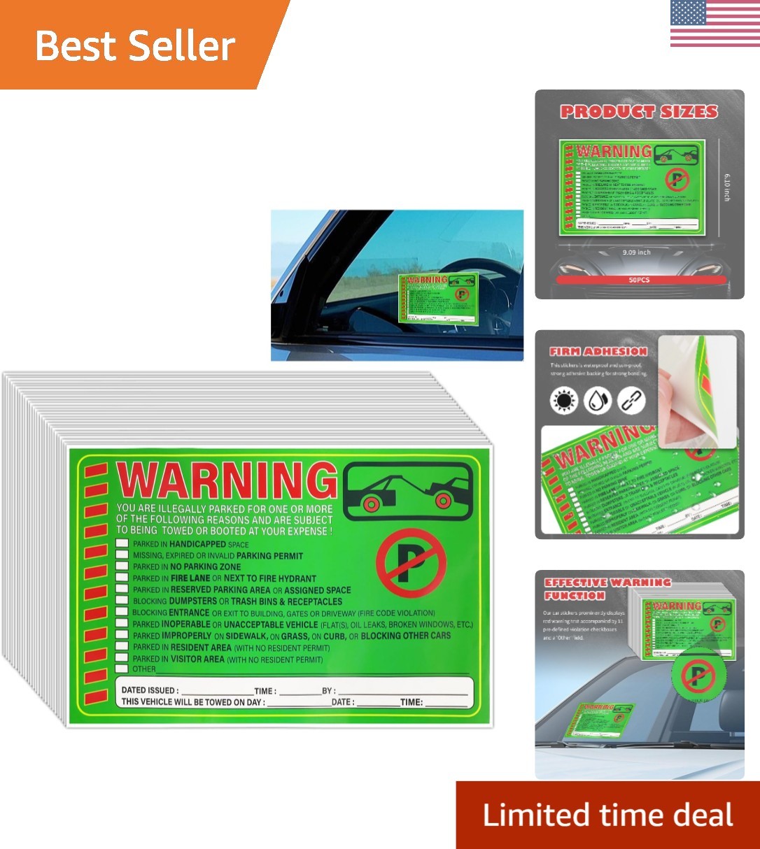 50 Parking Violation Notice Tow Stickers – Adhesive Fluorescent Labels