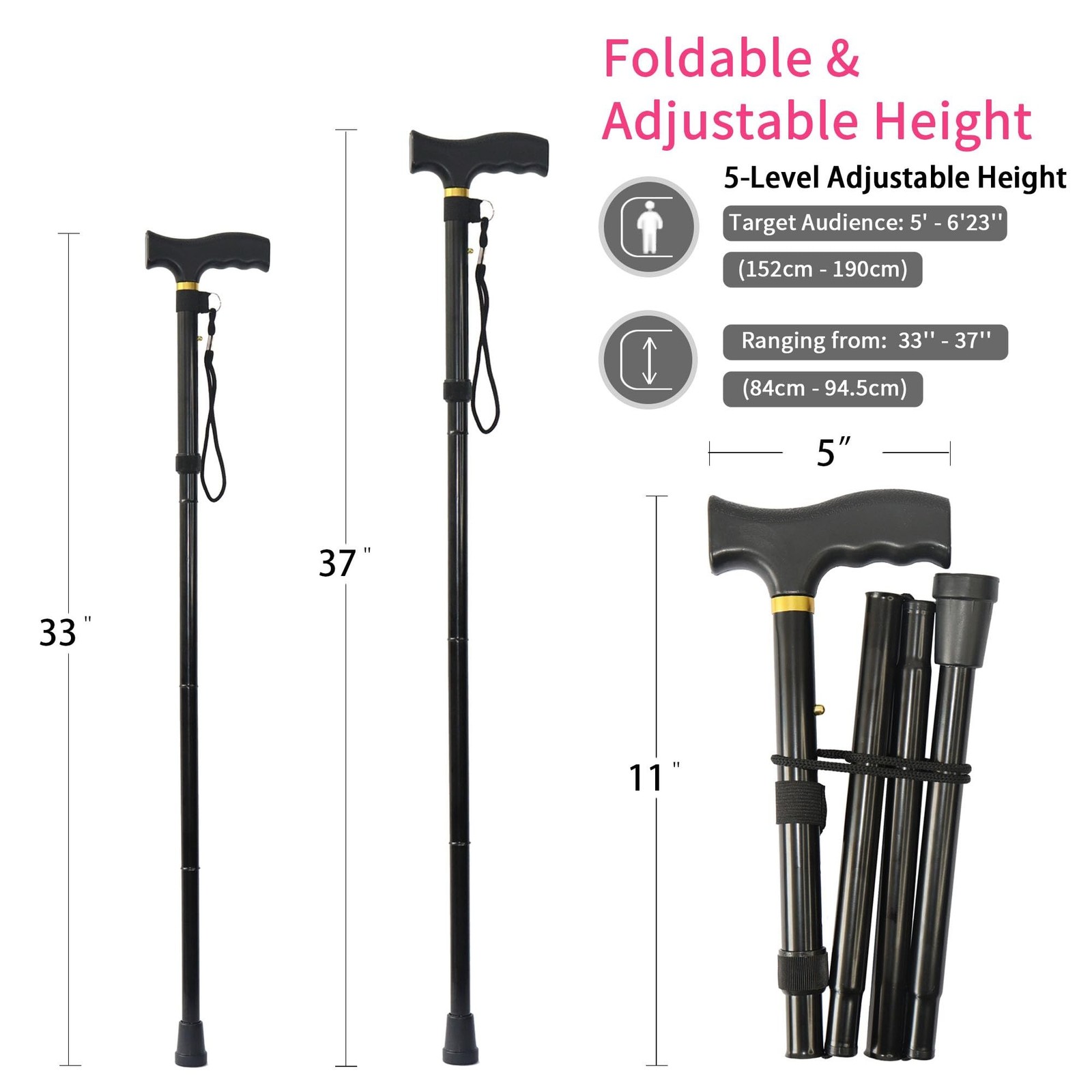 Folding Cane, 5-Level Adjustable Height Lightweight Portable Foldable Walking…