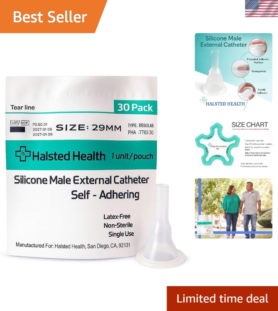 Silicone Male External Catheter – 29mm, Self-Adhesive & Kink Resistant, 30 Pack