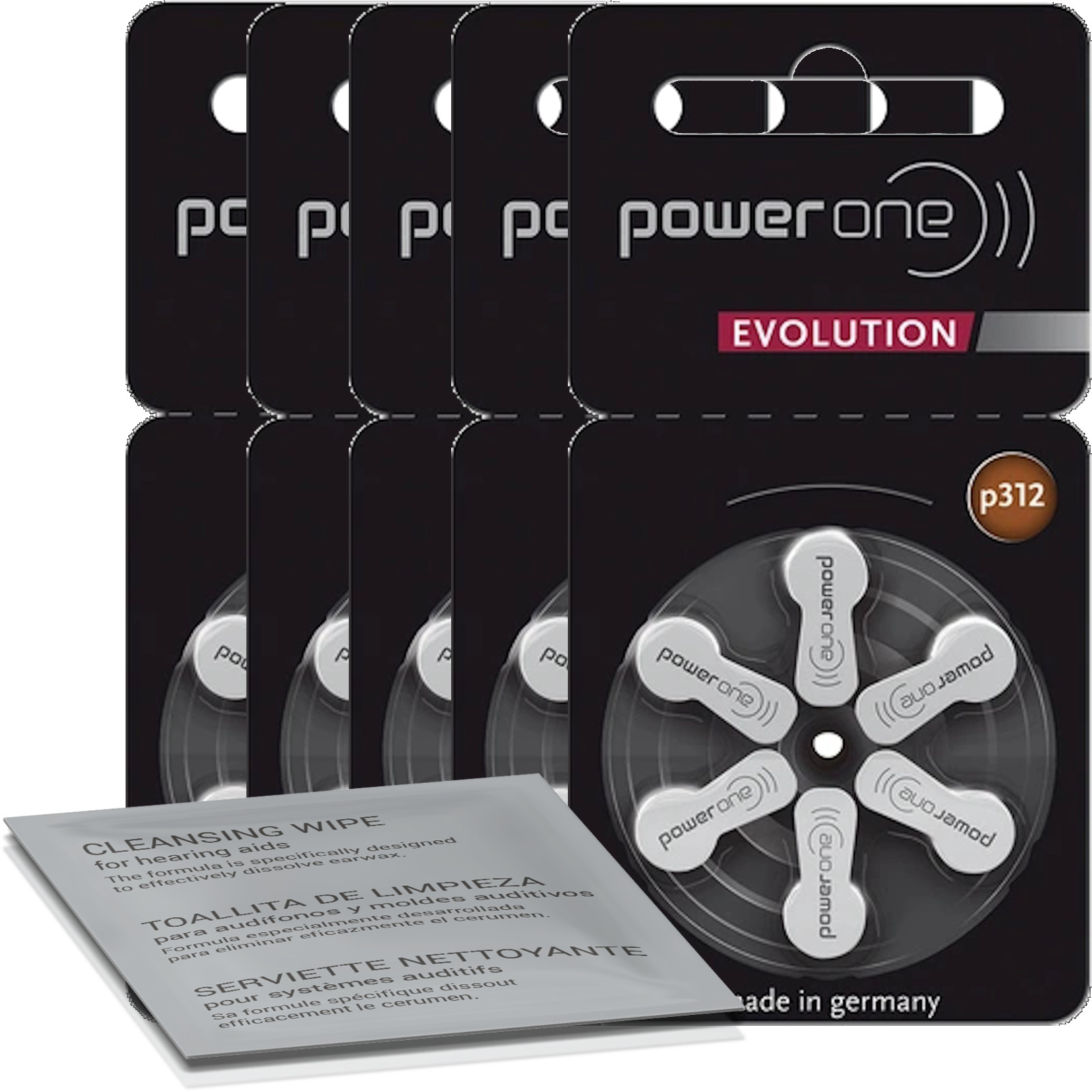 30 Power One Evolution P312 hearing aid batteries with toilet 5 x 6 pack