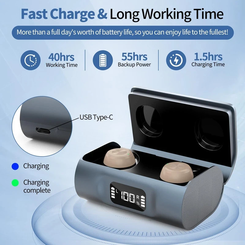 Hearing Aid Rechargeable w/Noise Cancellation Invisible Amplifer w/Charger Case