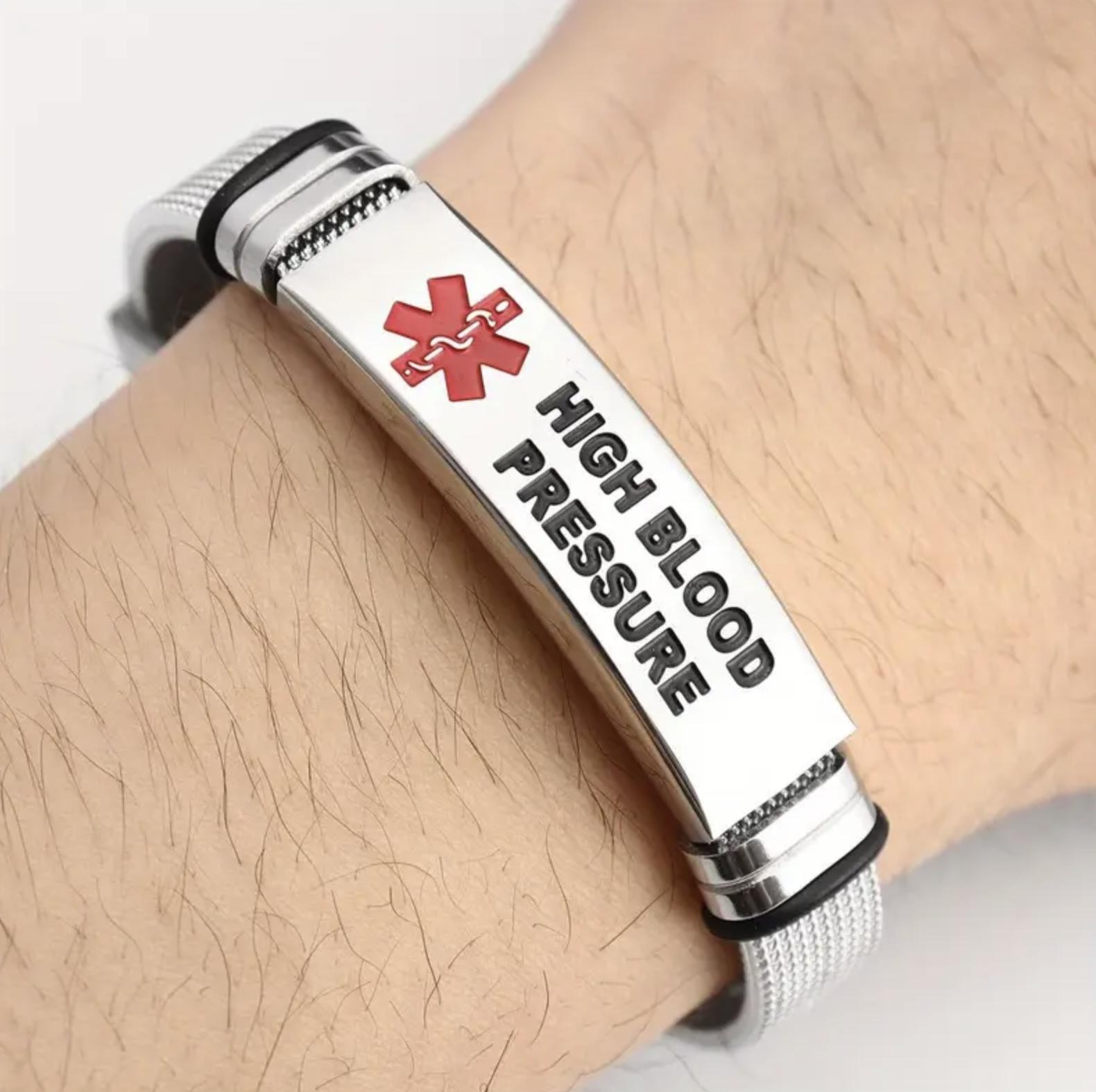 Medical Alert ID Tag High Blood Pressure Stainless Steel Mesh Adjustable Band