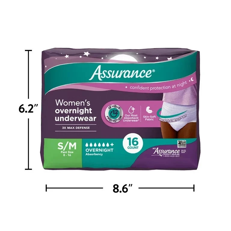 64 Ct Assurance Women Incontinence Underwear Overnight Absorbent S/M Pant 8-16