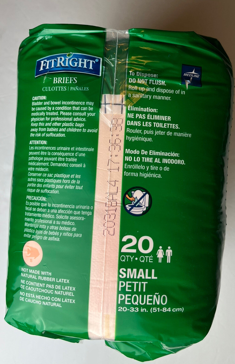 1 Medline Fit Right Extra Cloth-Like Adult Briefs Size Small Petite Qty 20/ bag