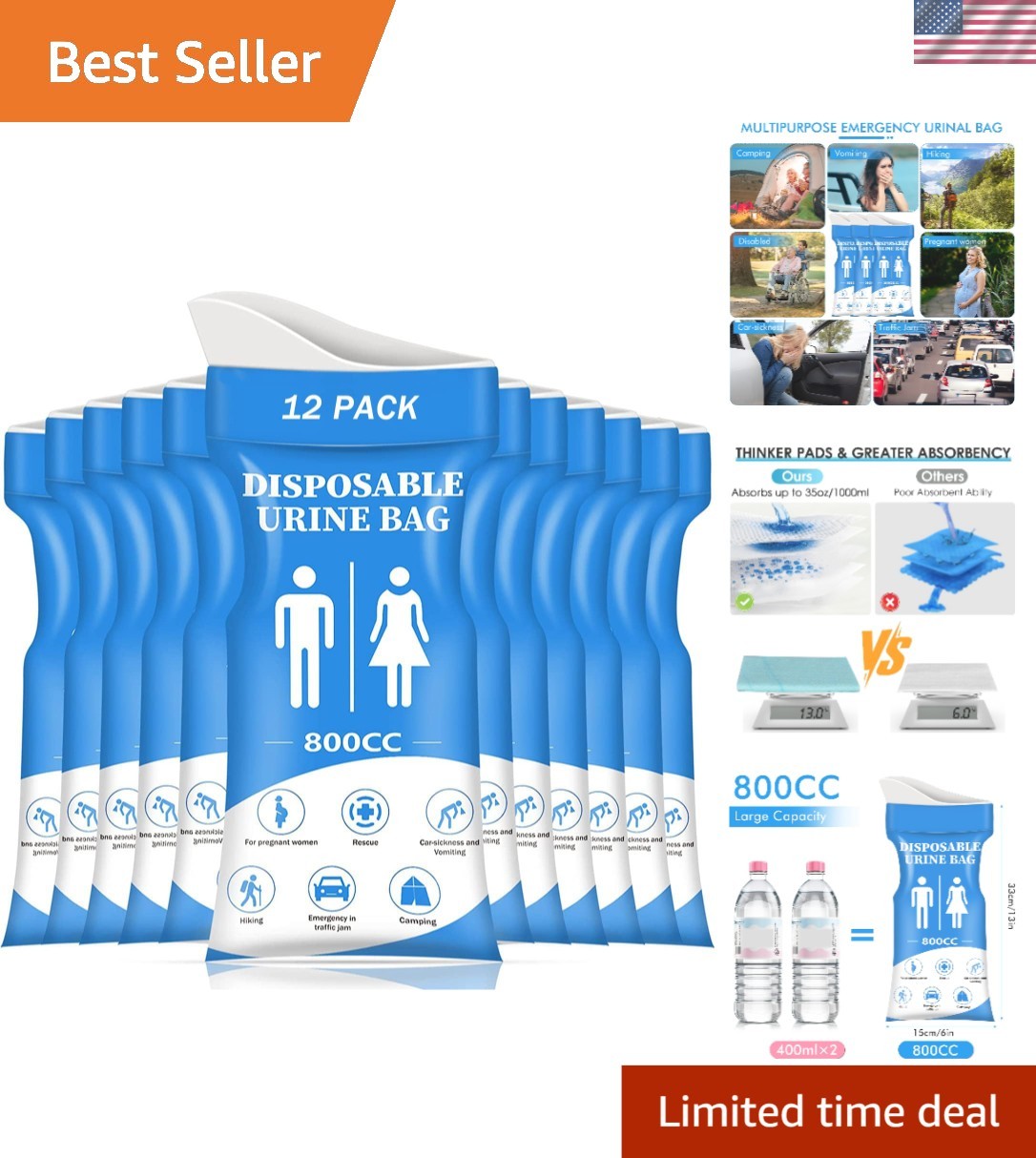 800ML Disposable Urine Bags, Unisex & Leak-Proof for Travel Emergencies – 12 …