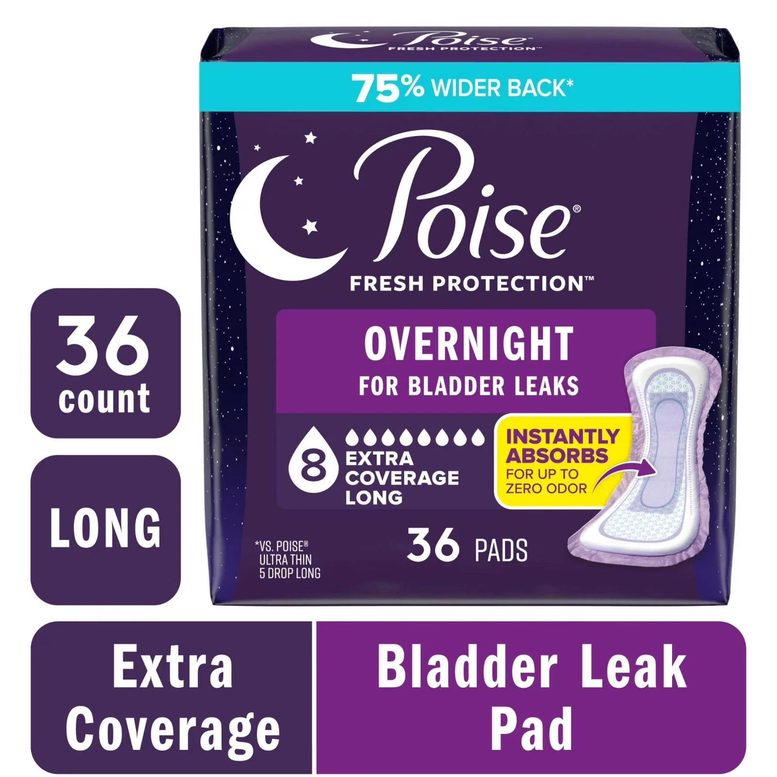 Poise Overnight Incontinence & Postpartum Pads for Bladder Leaks, 8 Drop Extra
