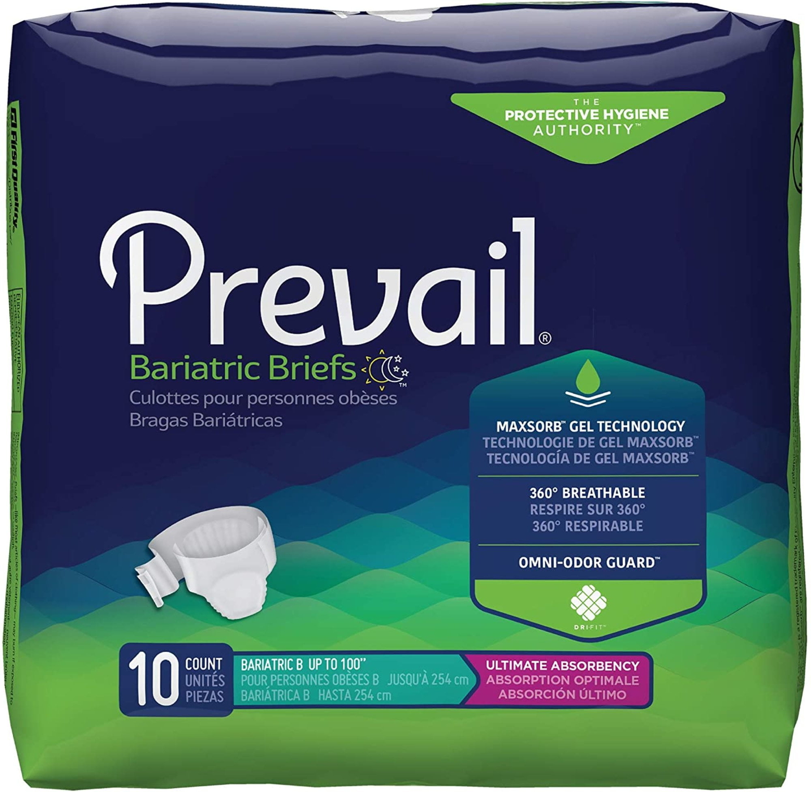 Prevail Bariatric Briefs, Ultimate Absorbency, Size B (3X-Large), Pack of 10