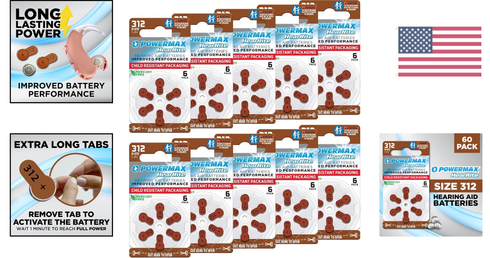 Powermax 60 Count Size 312 Hearing Aid Batteries – Long-Lasting Zinc-Air Pack
