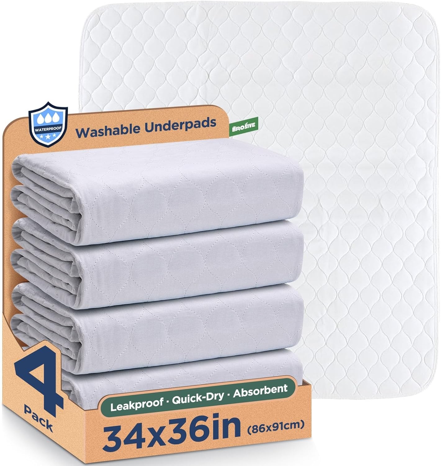 Waterproof Reusable Incontinence Bed Pads 34×36 Inch (Pack of 4), White