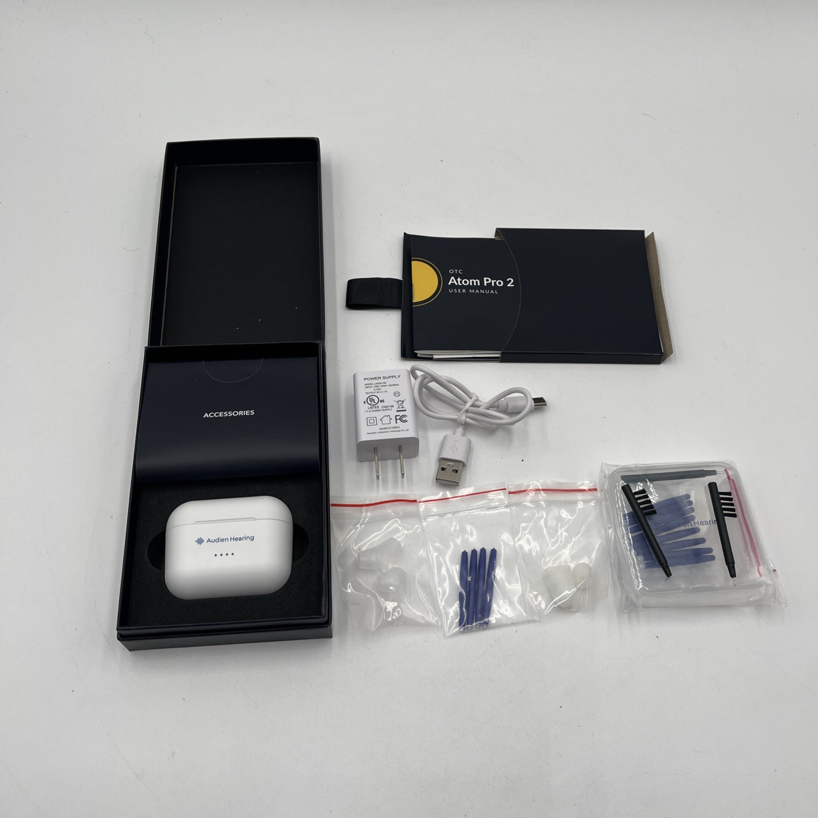 AUDIEN ATOM PRO 2 OTC Hearing Aids Wireless Hearing Amplifier Charge Case+Extras
