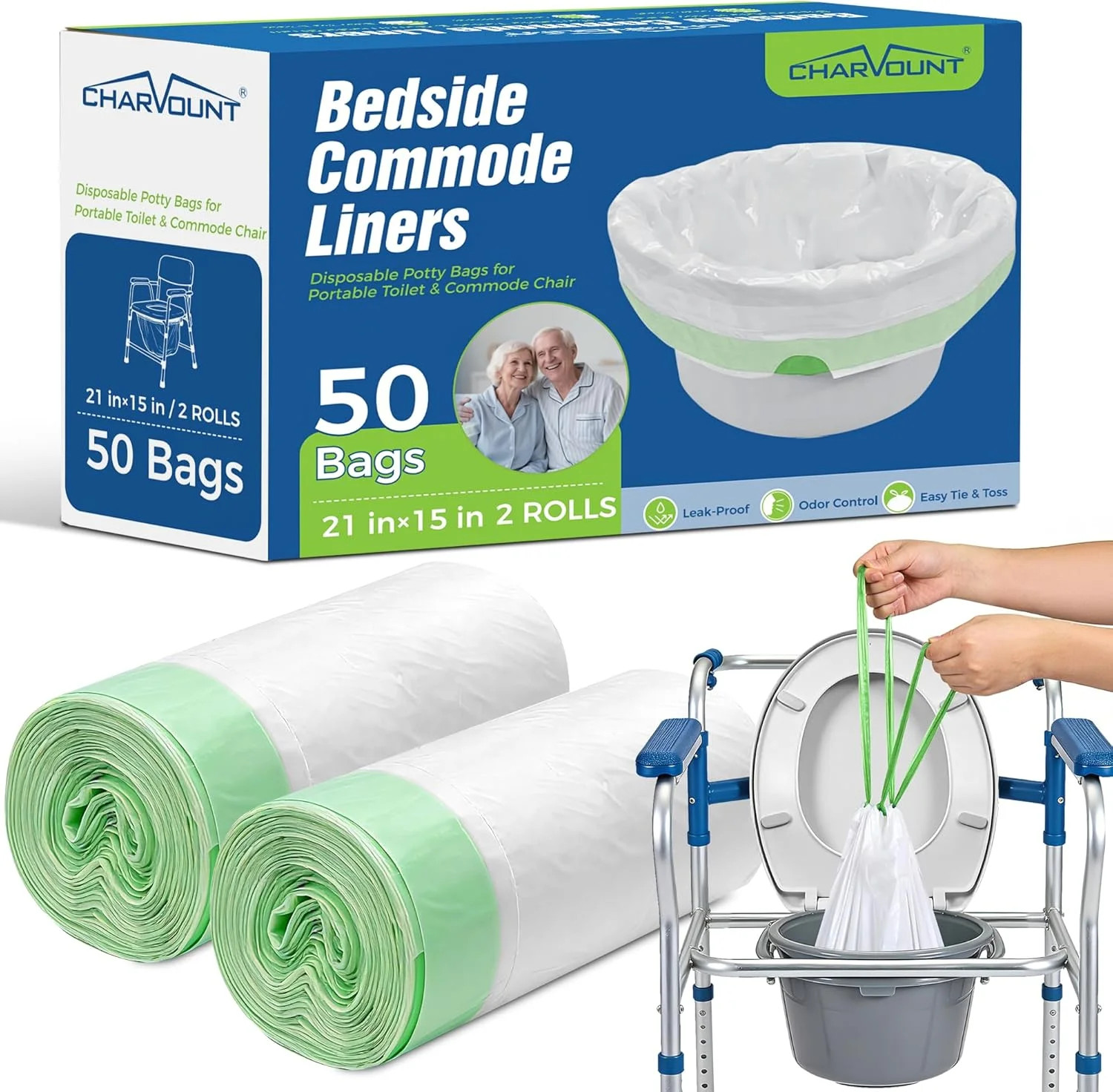 Bedside Commode Liners, Disposable Commode Bags with Drawstring, Leakproof Unive