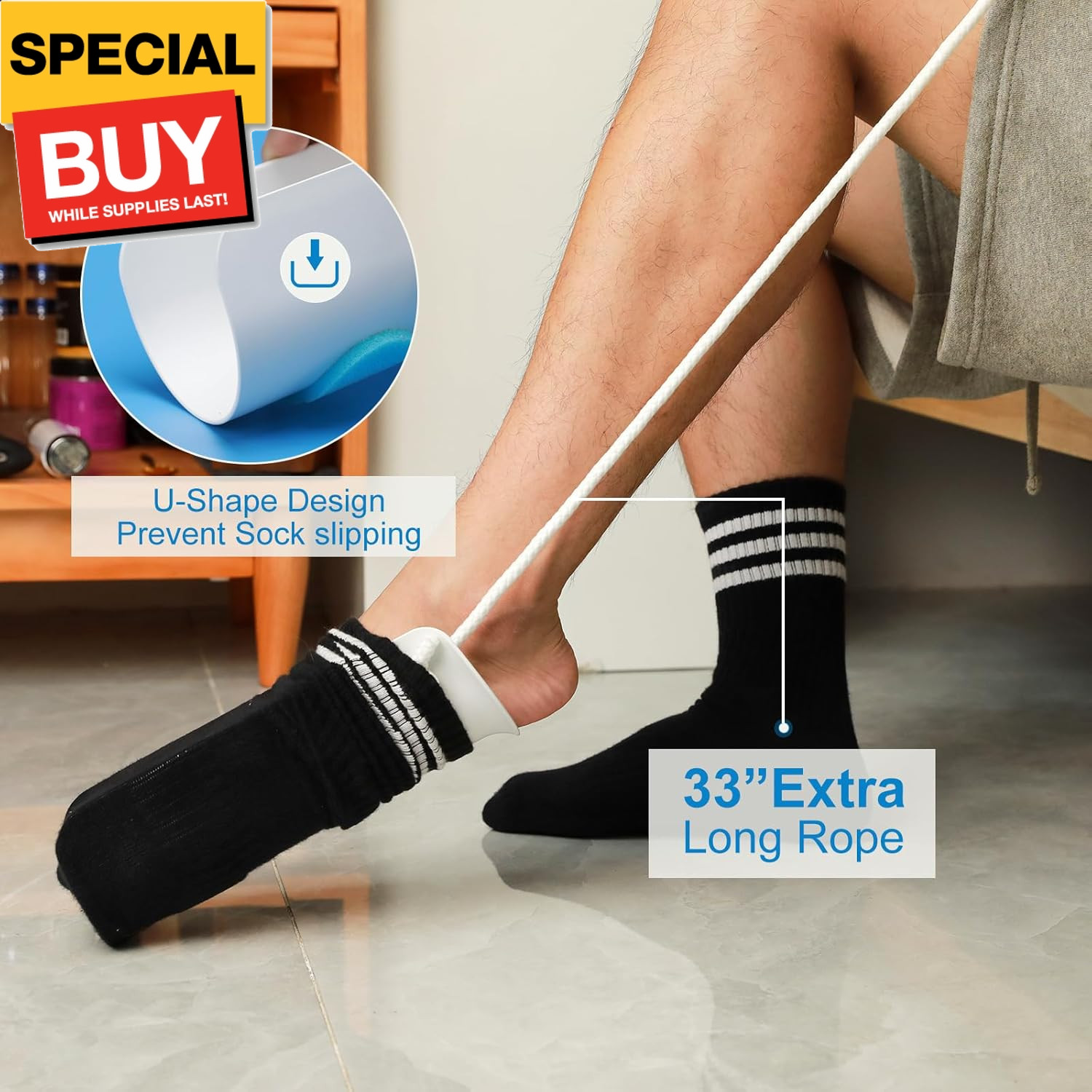 Sock Aid Kit, Flexible Sock Aid Device with Long Rope – Sock Puller aid Easy on