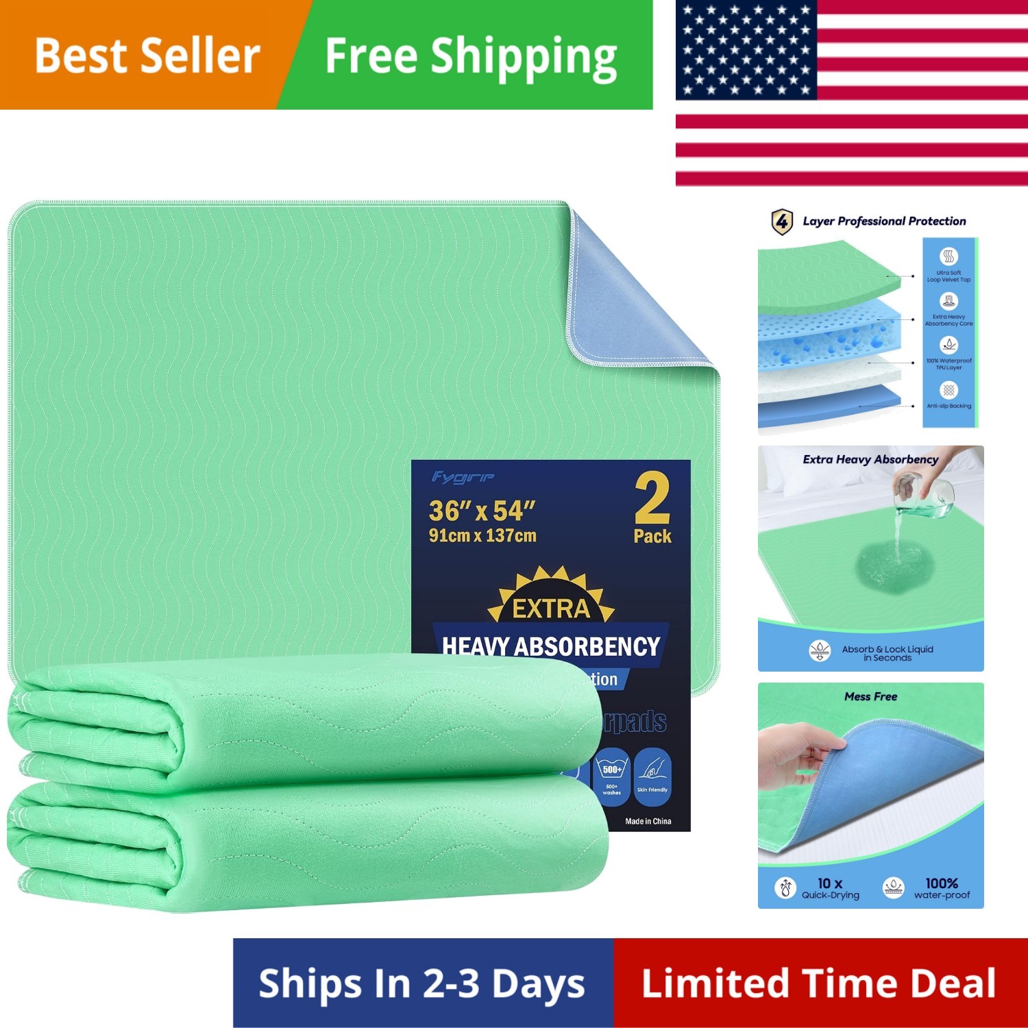 2 Pack 36” x 54” Extra Heavy Absorbency Washable Underpads, Waterproof Nursin…