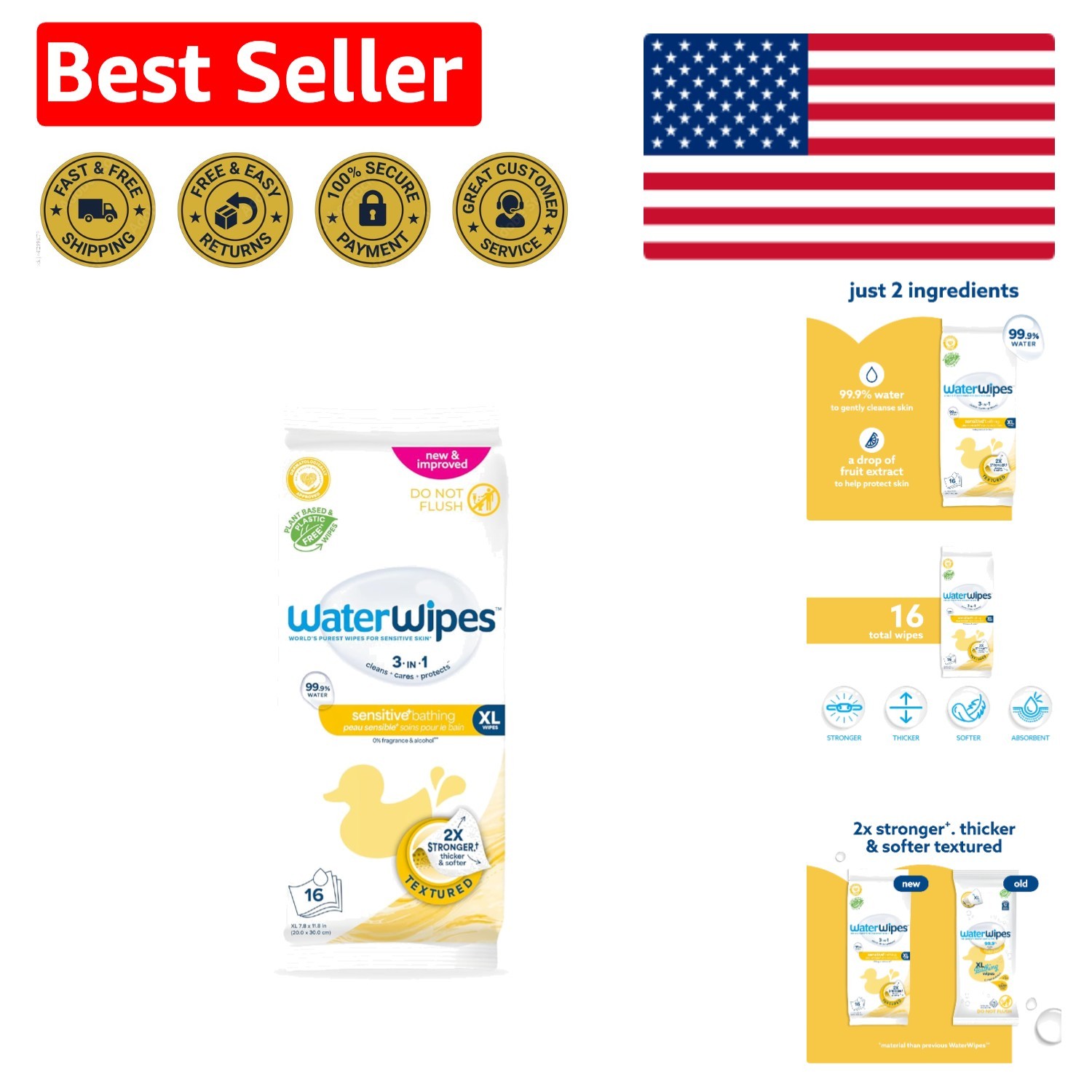 Thicker Sensitive+ Bathing Wipes | Plant-Based & | Gentle Care, 16 Count