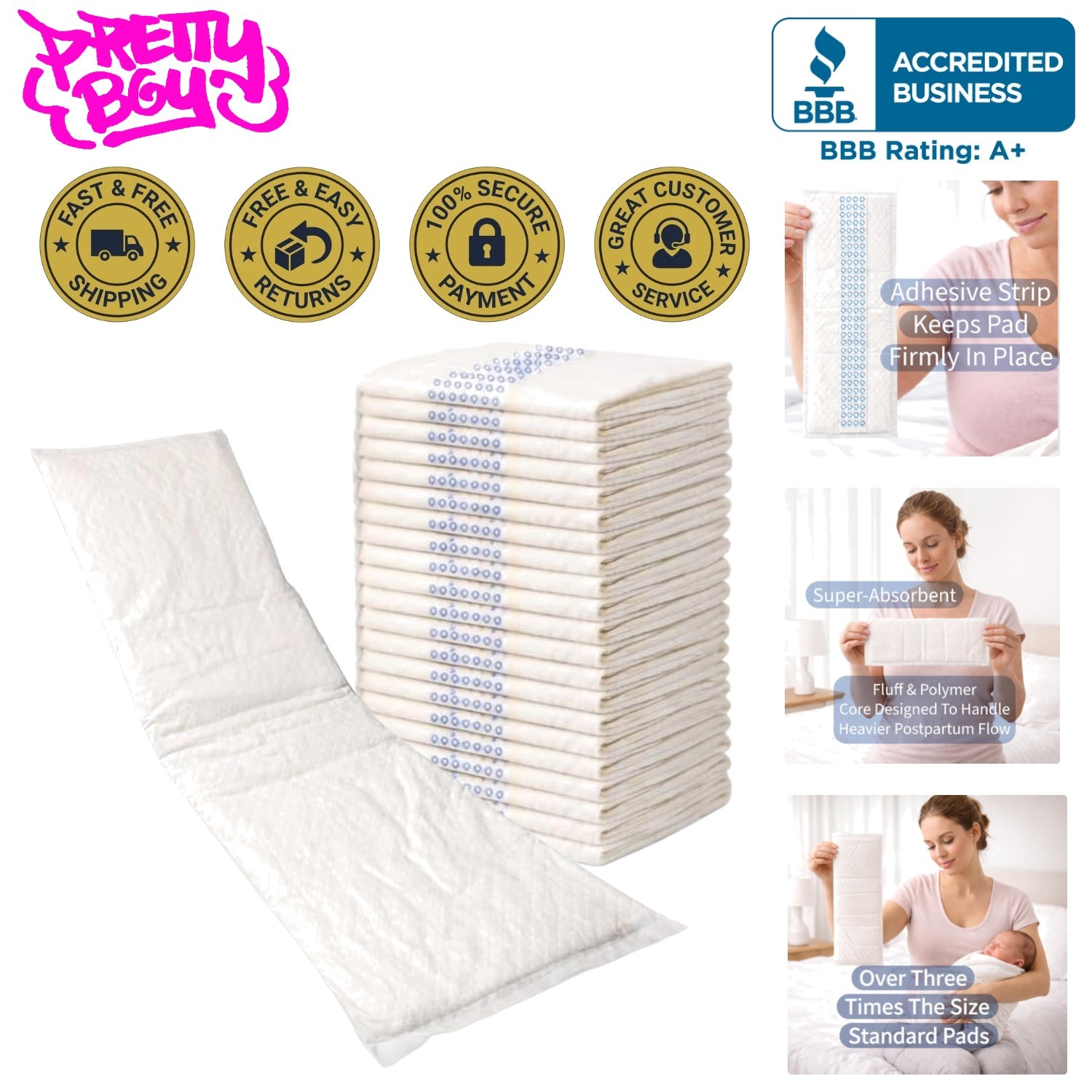 Extra Long Postpartum Pads 20 Pack – Super Absorbent Maternity Liners 6″ x 17″