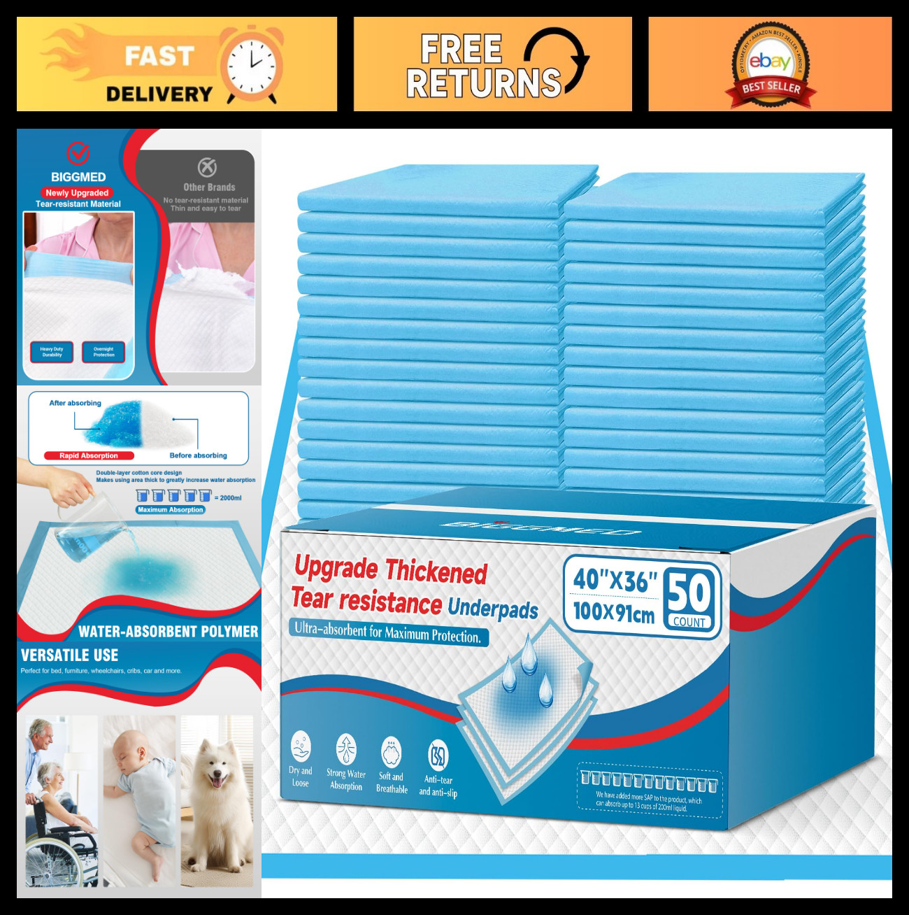 Tear-Resistant Incontinence Bed Pads 40”x36” (50 Count) Heavy Duty Disposable