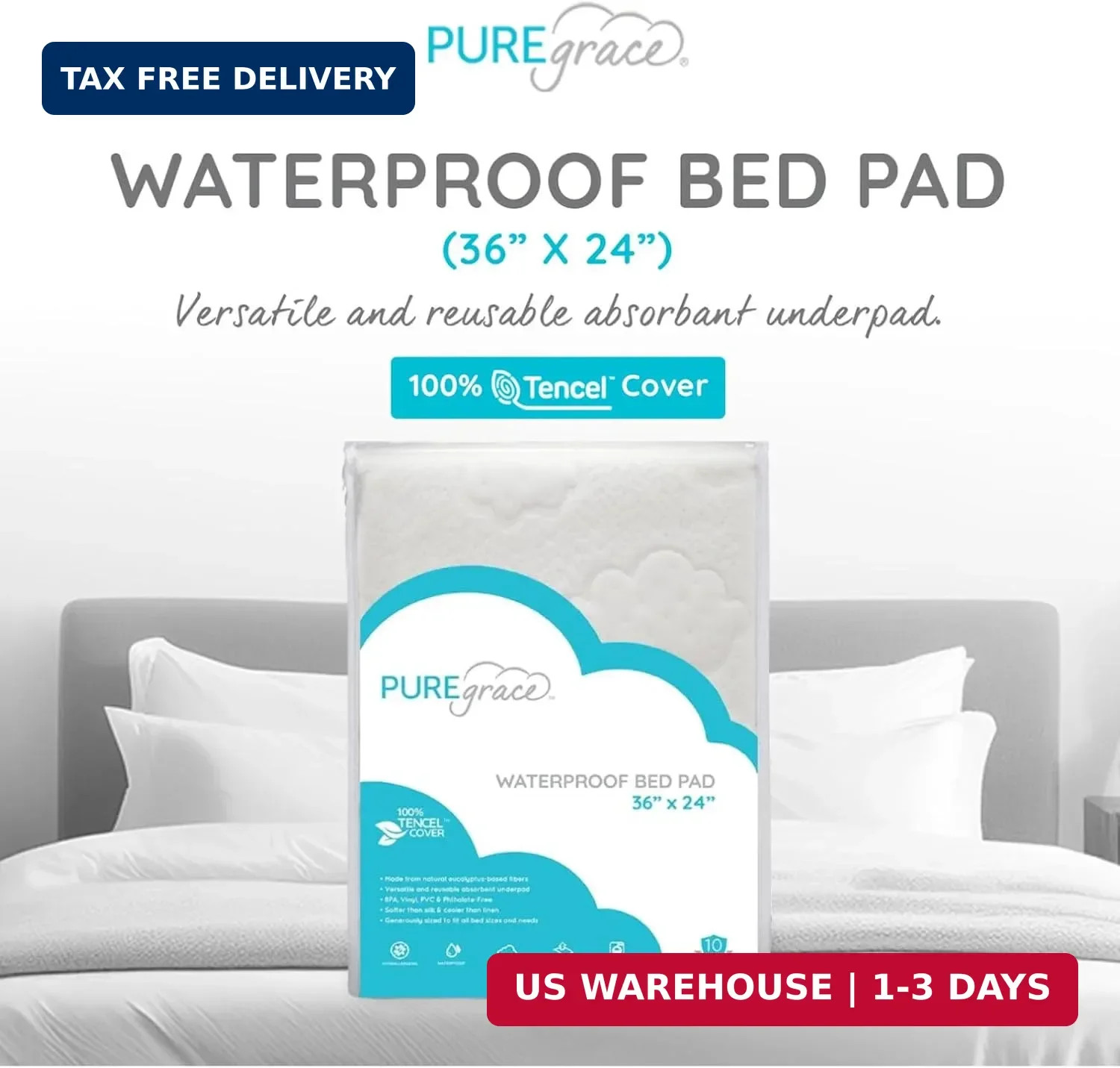 PUREgrace Tencel Waterproof Bed Pad – (36″ x 24″) Washable and Reusable for Inco