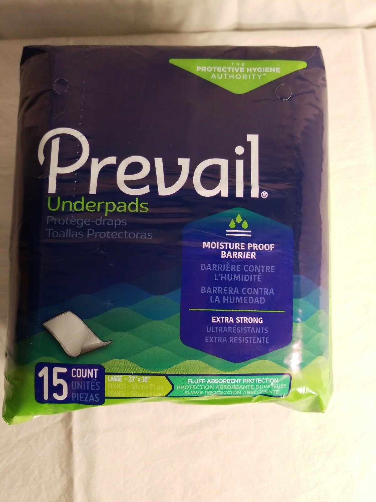 Prevail Underpads Size large, 15 Count, moisture proof barrier, extra strong