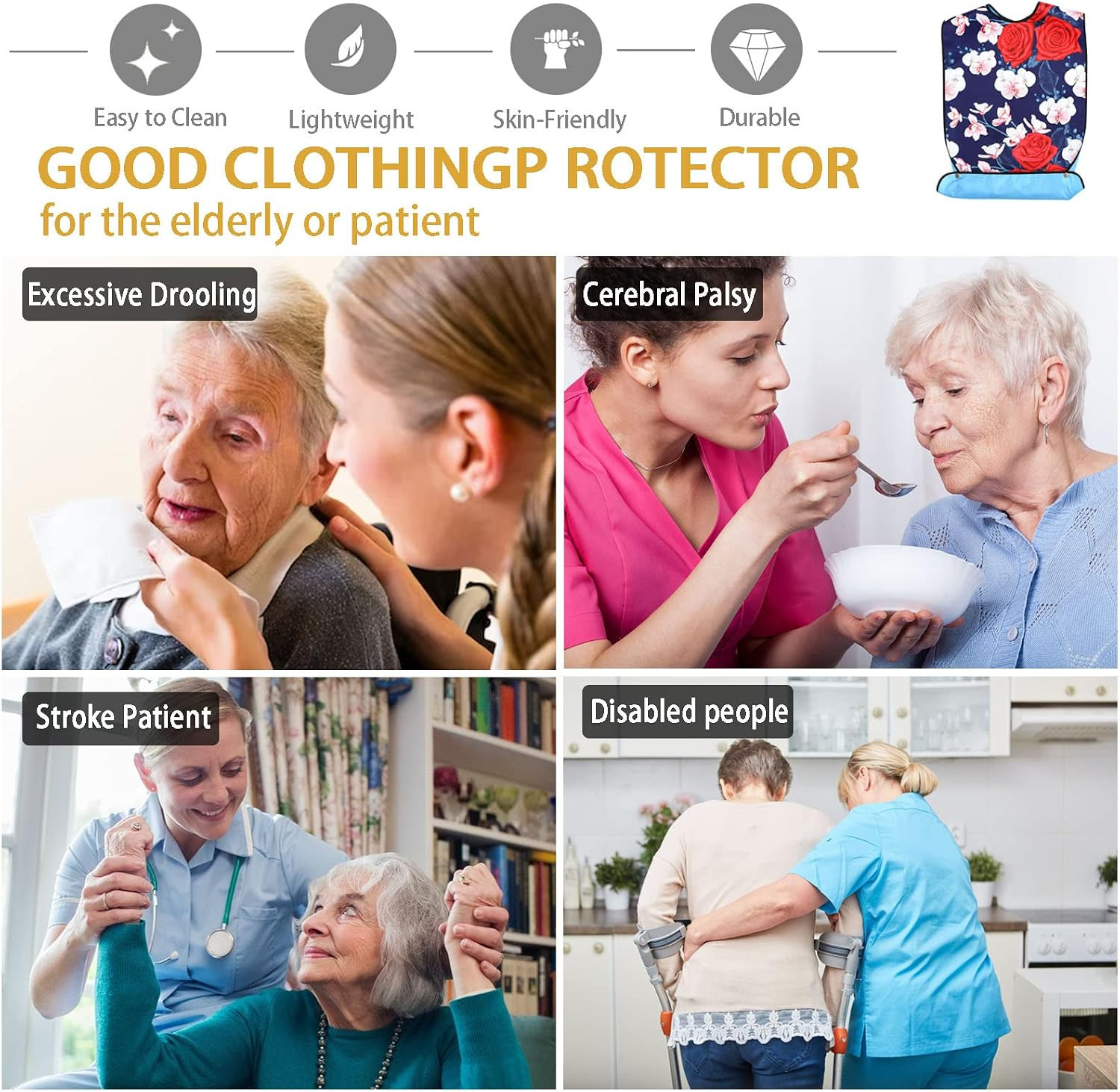 Waterproof Washable Adult Bibs for Elderly Women, Reusable Large Adult Bibs for