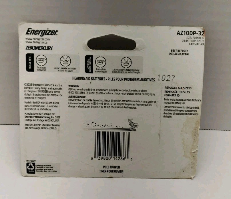 Energizer Size 10 Hearing Aid Batteries – AZ10DP-32 – #New 10/27