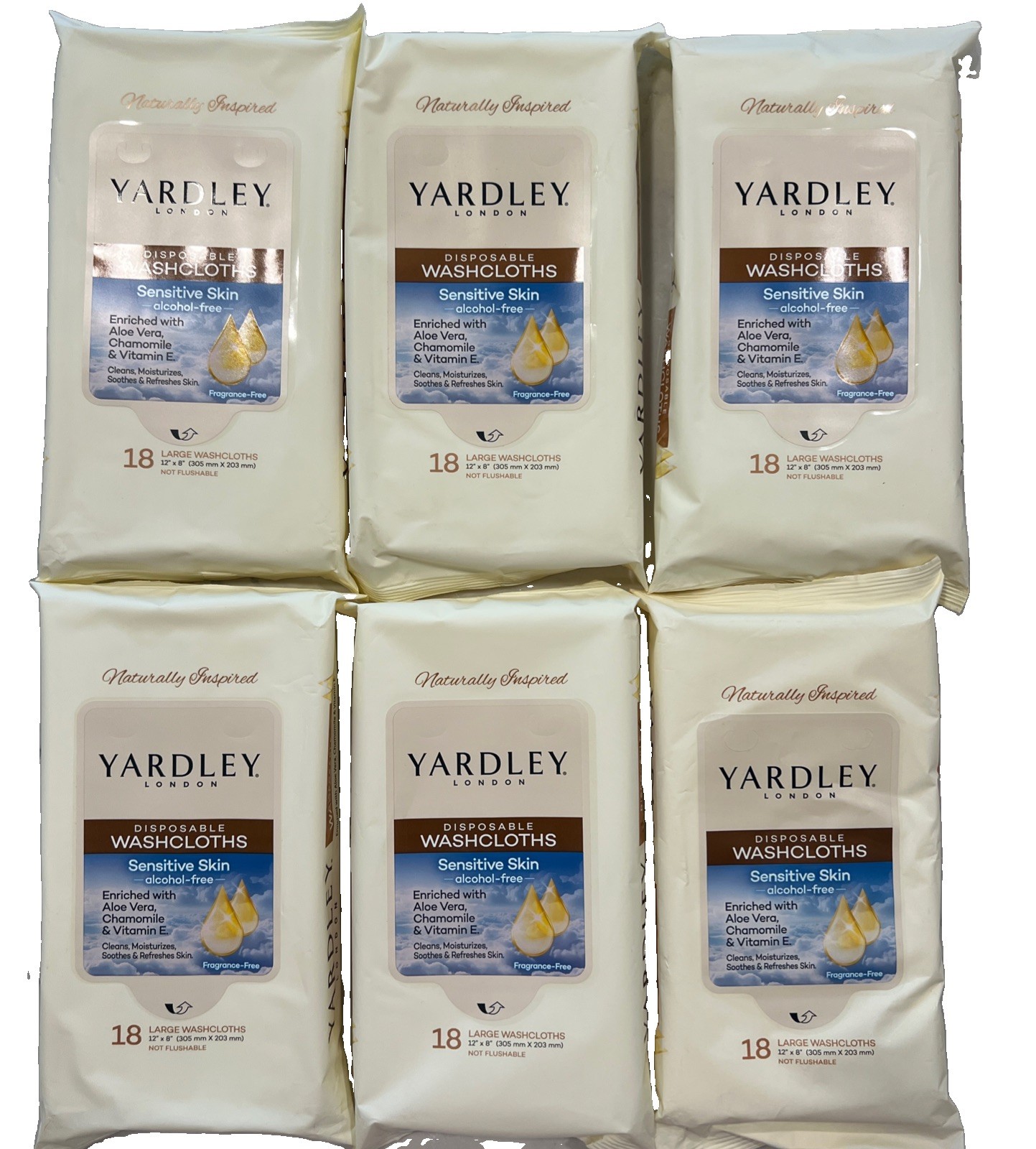 Yardley London Disposable Washcloths 6 Pack (108 Ct) Body Wipes – Sensitive Skin