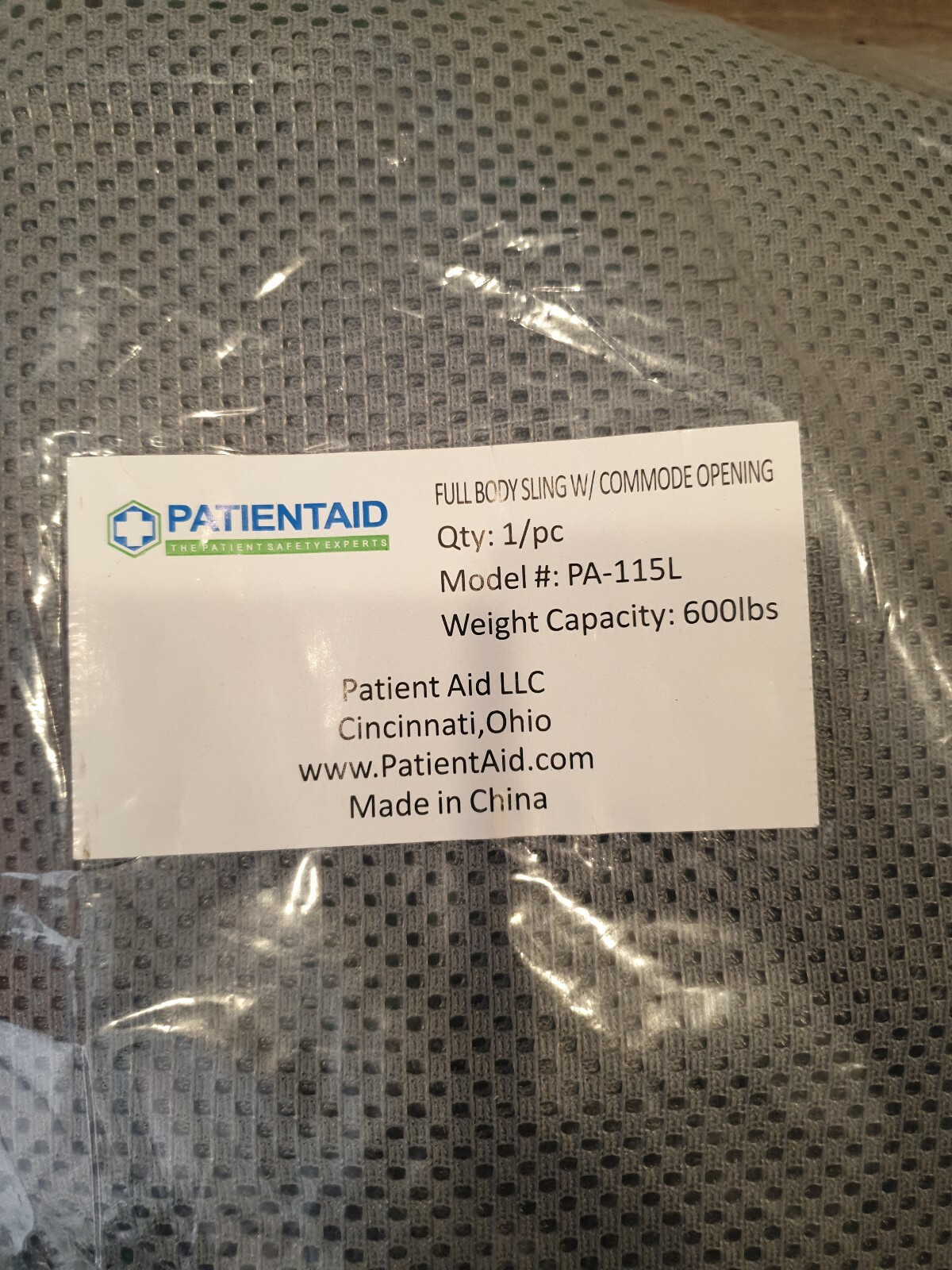 Patient-Aid PA-115L Full Body Sling W/ Commode Opening Large 600lbs Weight Cap
