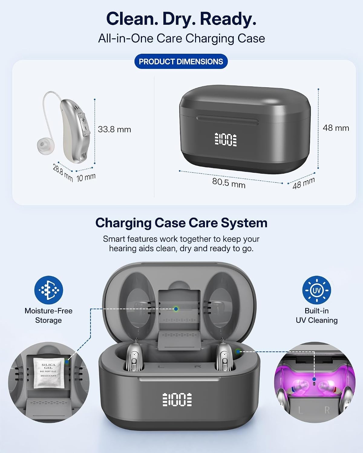 Rechargeable OTC Hearing Aids for Adults RIC Design Noise Reduction Charge Case