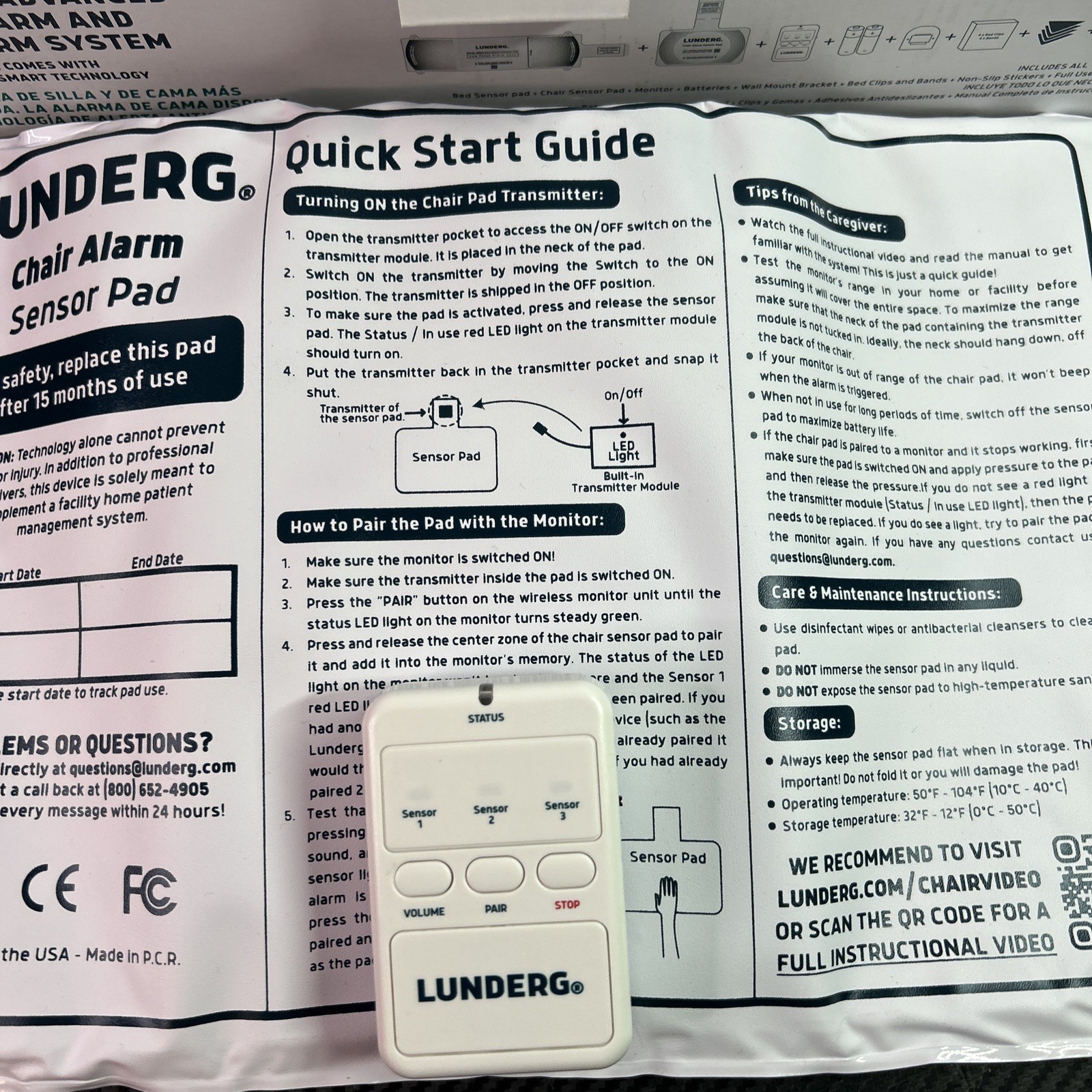 Lunderg Chair Alarm System With Wireless Sensor Pad & Monitor Tested